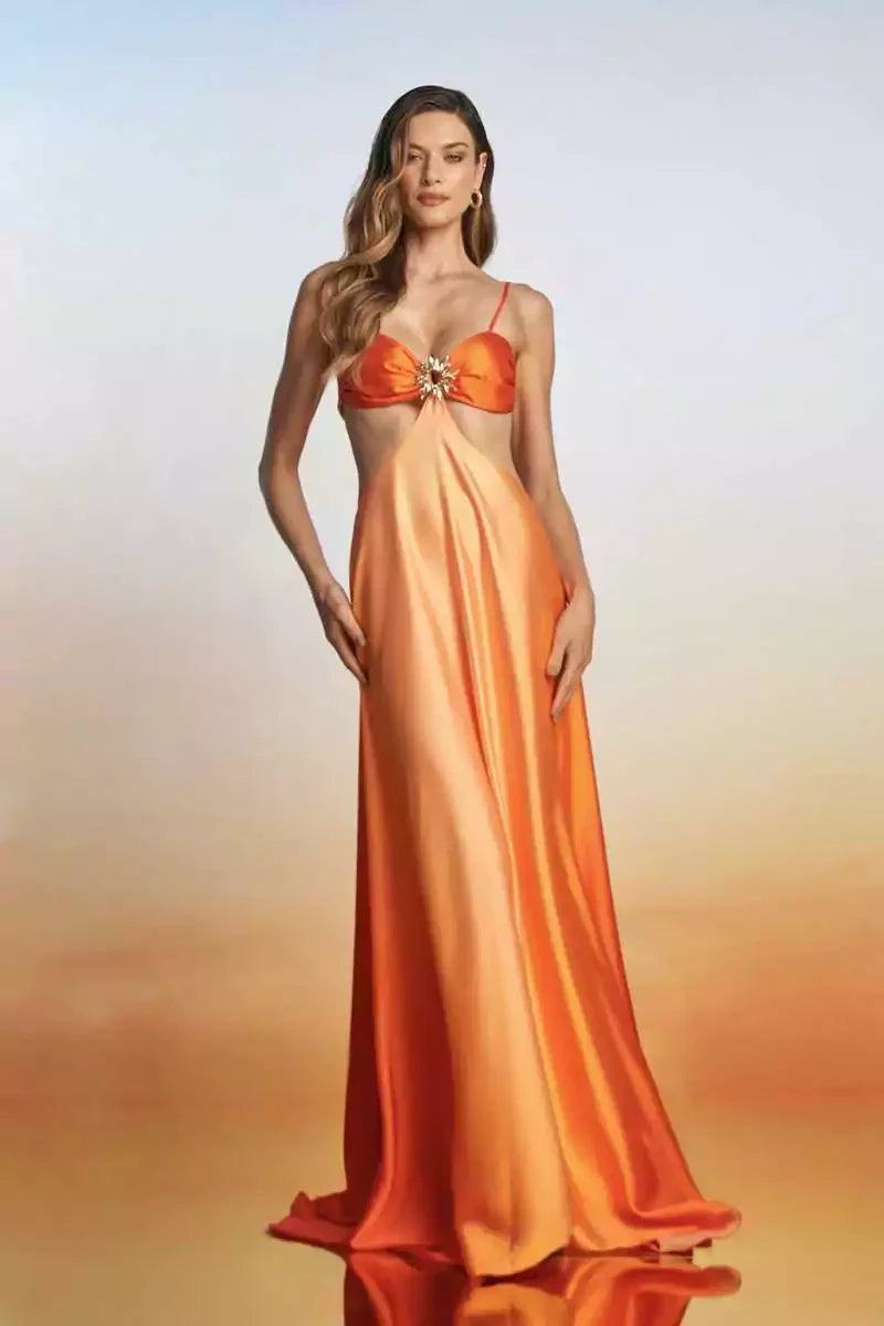 Sunset Orange Satin Rhinestone Accent Backless Vacation Dress