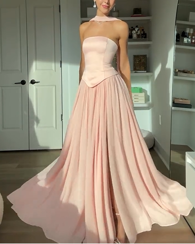 Sexy Tube Top Stitching Solid Color Graceful Pleated Maxi Dress