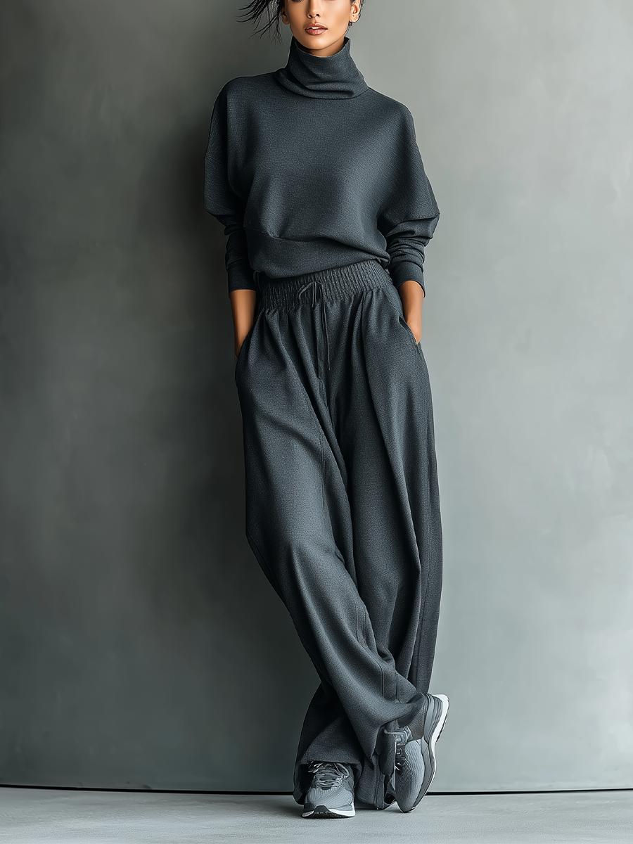 Women's Charcoal Knit Fabric Turtleneck Oversized Top & Wide-Leg Pants Set