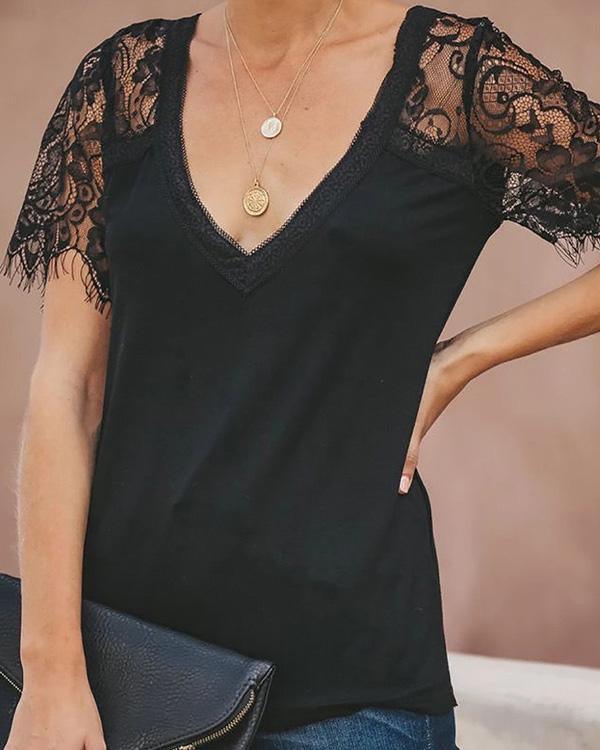 V-NECK LACE TEE (5 COLORS)