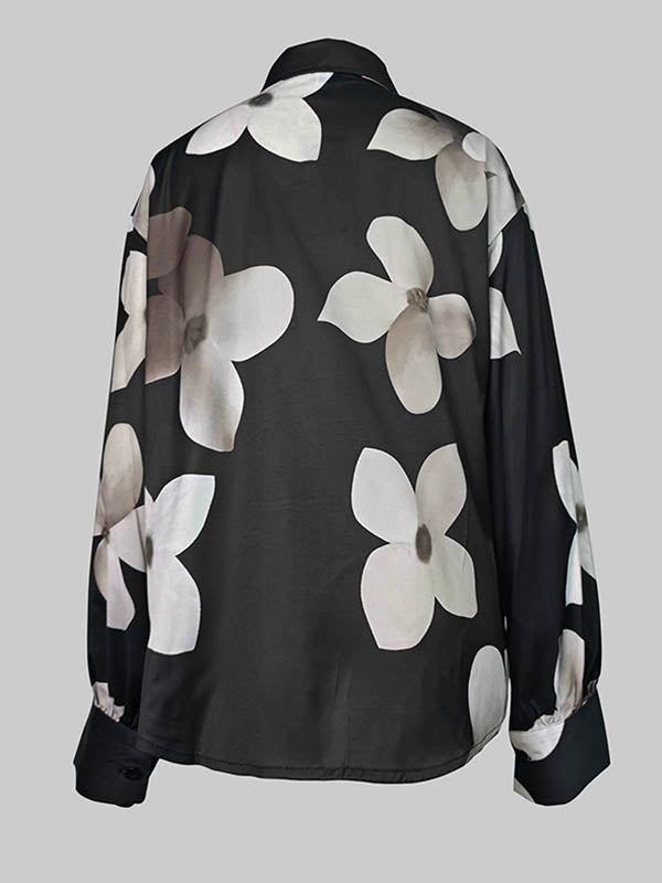 Long Sleeves Loose Floral Printed Lapel Blouses