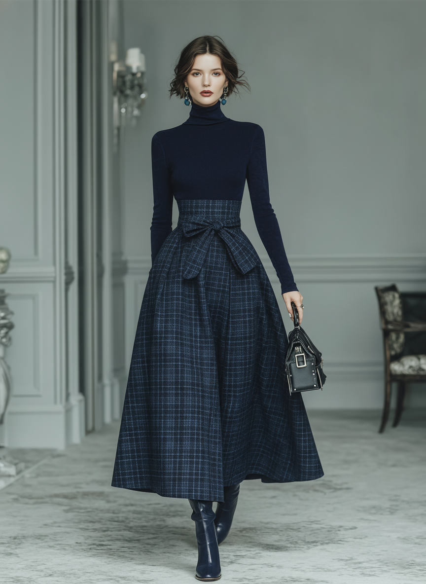 Women's Dark Blue High Elastic Knit And Plaid Wool Skirt Set