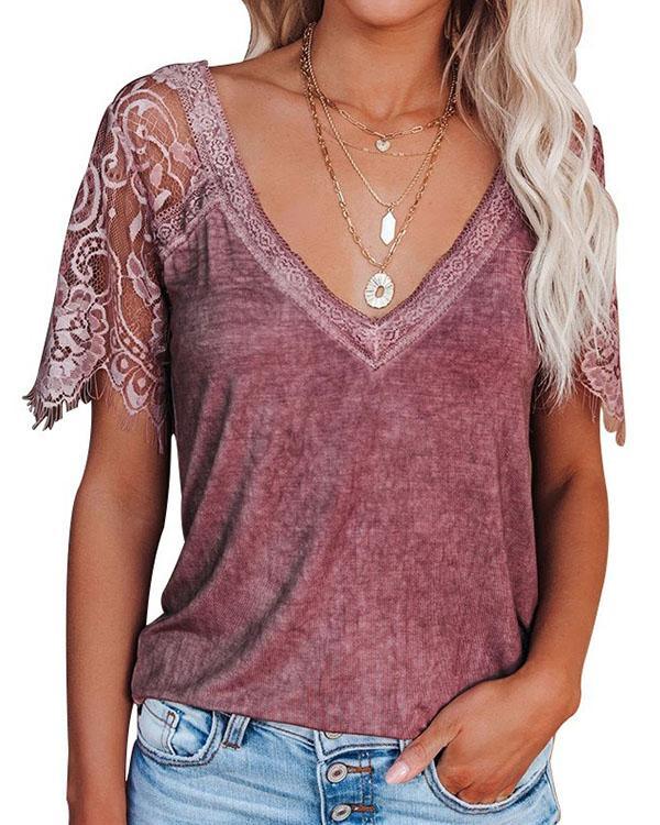 V-NECK LACE TEE (5 COLORS)