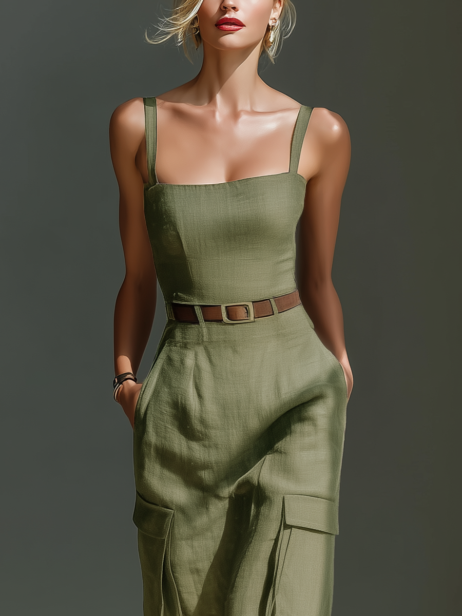 Women's Olive Green Linen Fabric Sleeveless Midi Dress With Cargo Pockets & Belted Waist