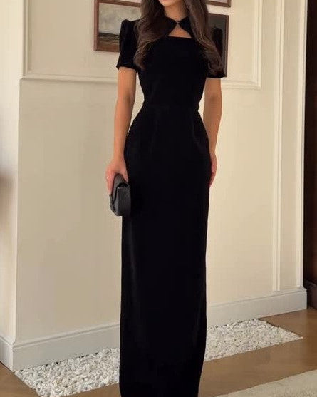 Sexy Short Sleeve Hollow-out Solid Color Waist Tight Maxi Dress