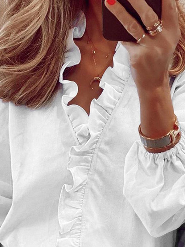 Puff Sleeves Falbala Solid Color V-Neck Blouses