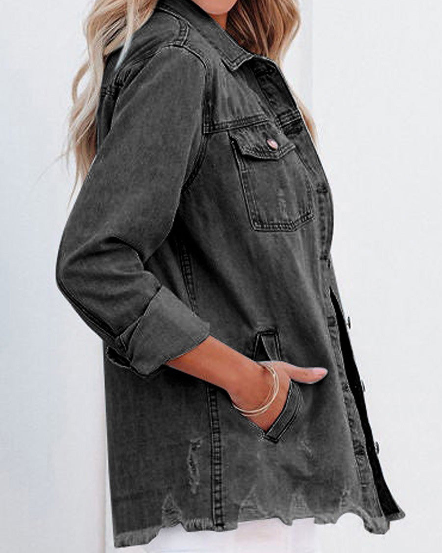 POCKETED DISTRESSED DENIM SHACKET