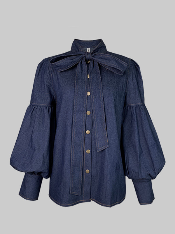 Long Sleeves Puff Sleeves Bow-Embellished Buttoned Split-Joint Tied High Neck Blouses&Shirts Tops