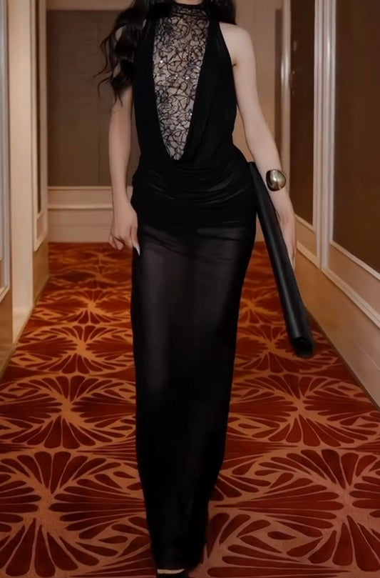 Black Slim-Fit Lace Mesh Swing Collar Maxi Dress