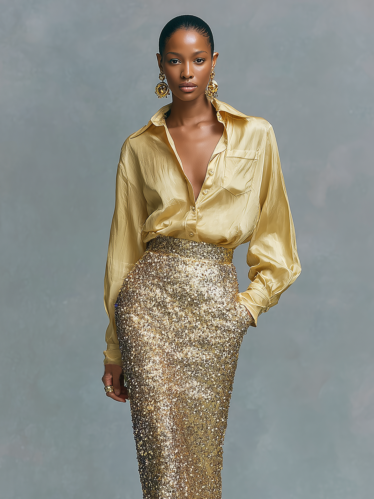 Women's Long-sleeved Shirt And Sequined Pencil Skirt Set
