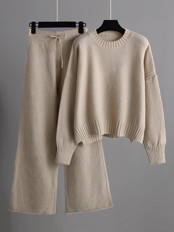 Urban Loose Long Sleeves Solid Color Round-Neck High-Low Sweater Tops & Wide Leg Pants Suits