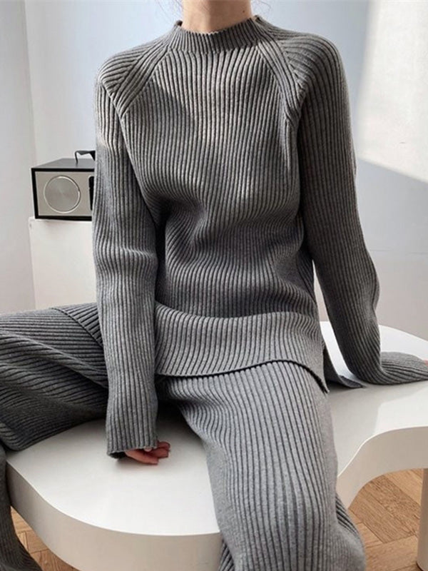 Urban Loose Solid Round-Neck Split-Side Sweater& Wide Leg Pants Suits