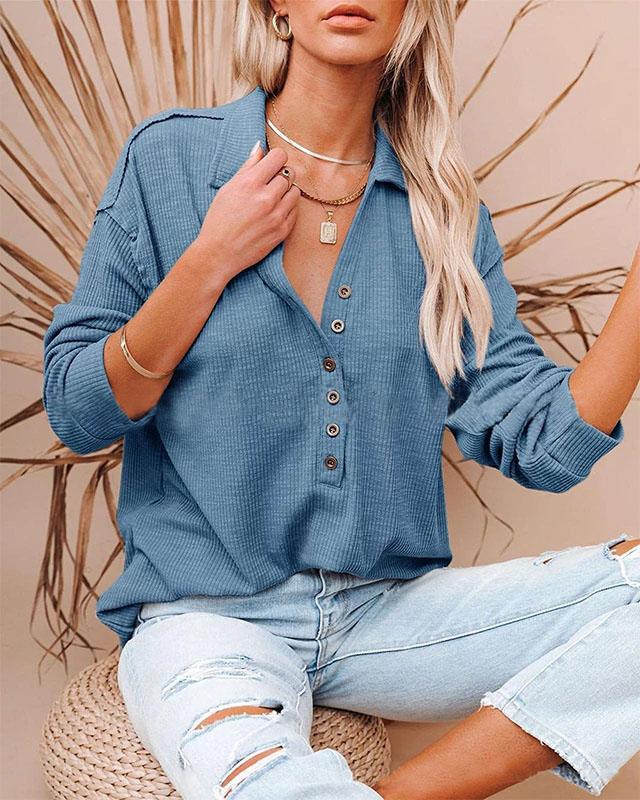 BUTTON DOWN LONG SLEEVE TOP(9 COLORS)