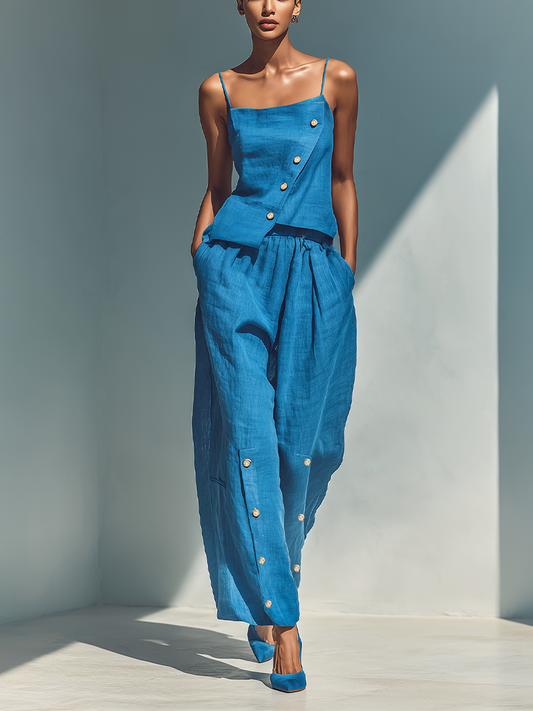 Women’s Blue Linen-Blend Spaghetti Strap Asymmetrical Button Top & High-Waisted Wide-Leg Pants Two-Piece Set