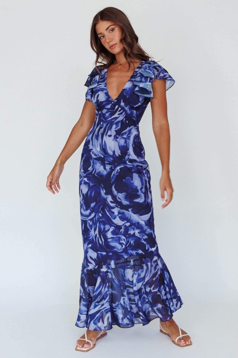 Cecil Printed V-neck Ruffle Maxi Dress