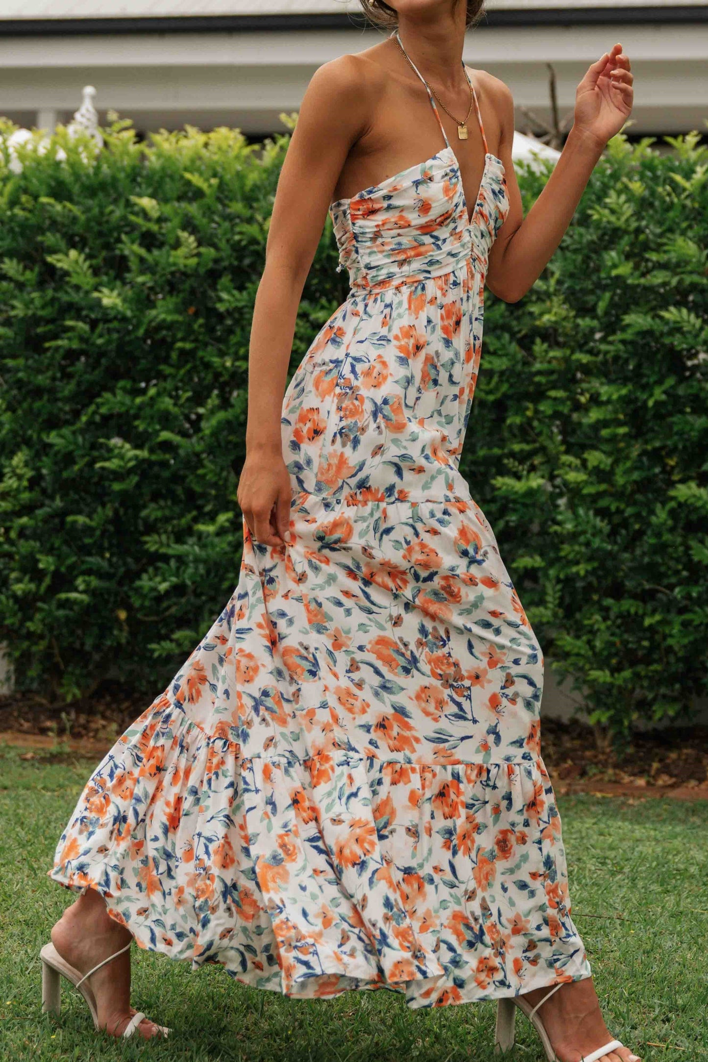 Floral V-Neck Backless Maxi Dress