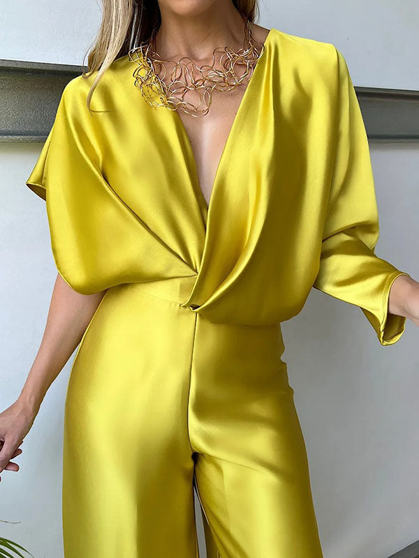 Asymmetric Solid Color Deep V-Neck Jumpsuits