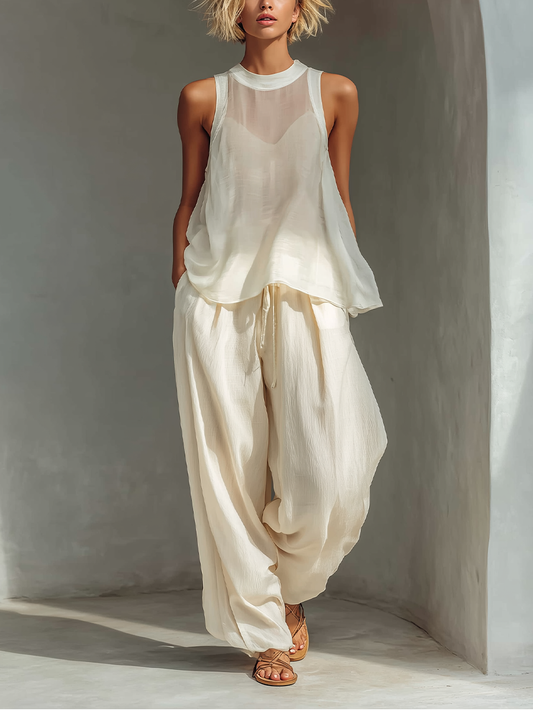 Women's Cream Two-Piece Set With Semi-sheer Chiffon Sleeveless Top & Cotton And Linen Blend Drawstring Wide-Leg Trousers