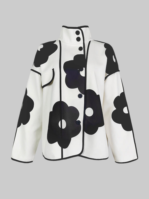 Long Sleeves Loose Contrast Color Flower Print Split-Joint Stand Collar Jackets Outerwear