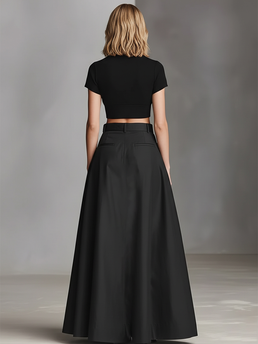 Women's Black Stretch-Knit & Woven Set With Cropped Top & Maxi Dress, Timeless Sleek-Chic Style Set (without Belt)