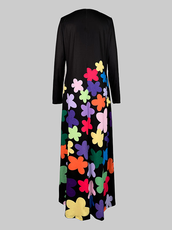 Long Sleeves Asymmetric Floral Round-Neck Maxi Dresses