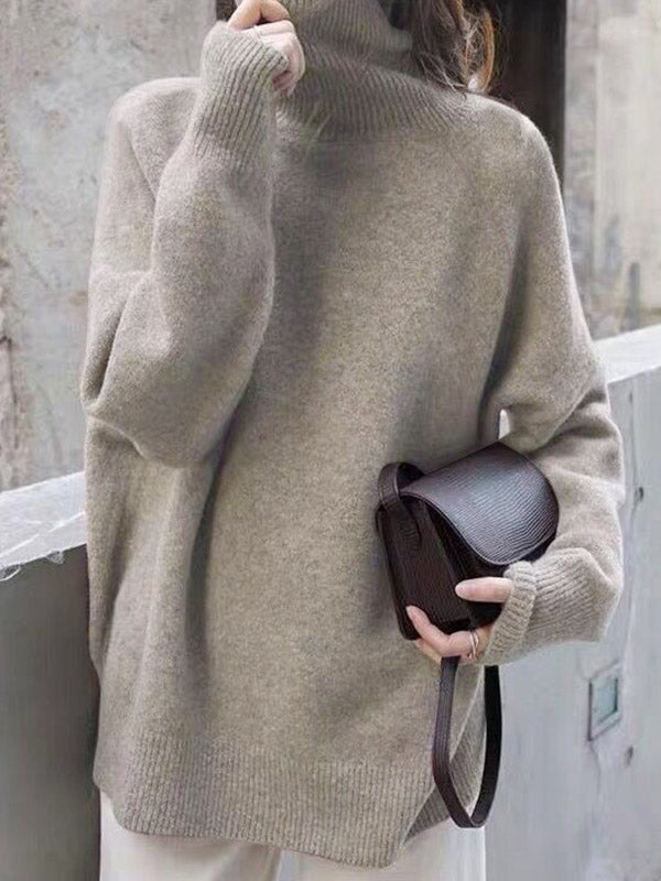 Casual Loose Long Sleeves Solid Color High-Neck Sweater Tops