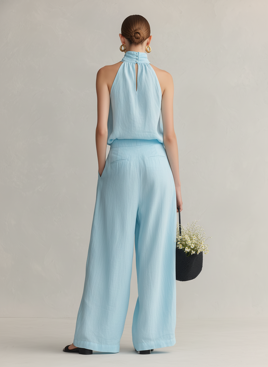 Women's Elegant Light Blue Cotton-Linen Round-Neck Sleeveless Top And Trousers Set
