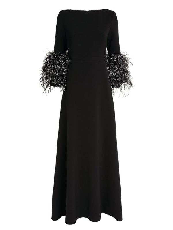 Elegant Simple Black And White Feather Long Sleeve Party Dress