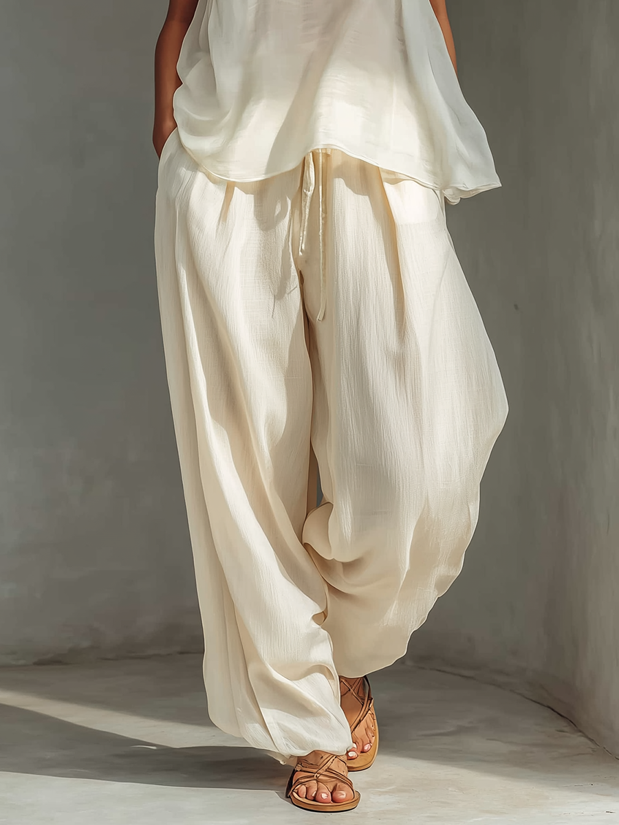 Women's Cream Two-Piece Set With Semi-sheer Chiffon Sleeveless Top & Cotton And Linen Blend Drawstring Wide-Leg Trousers