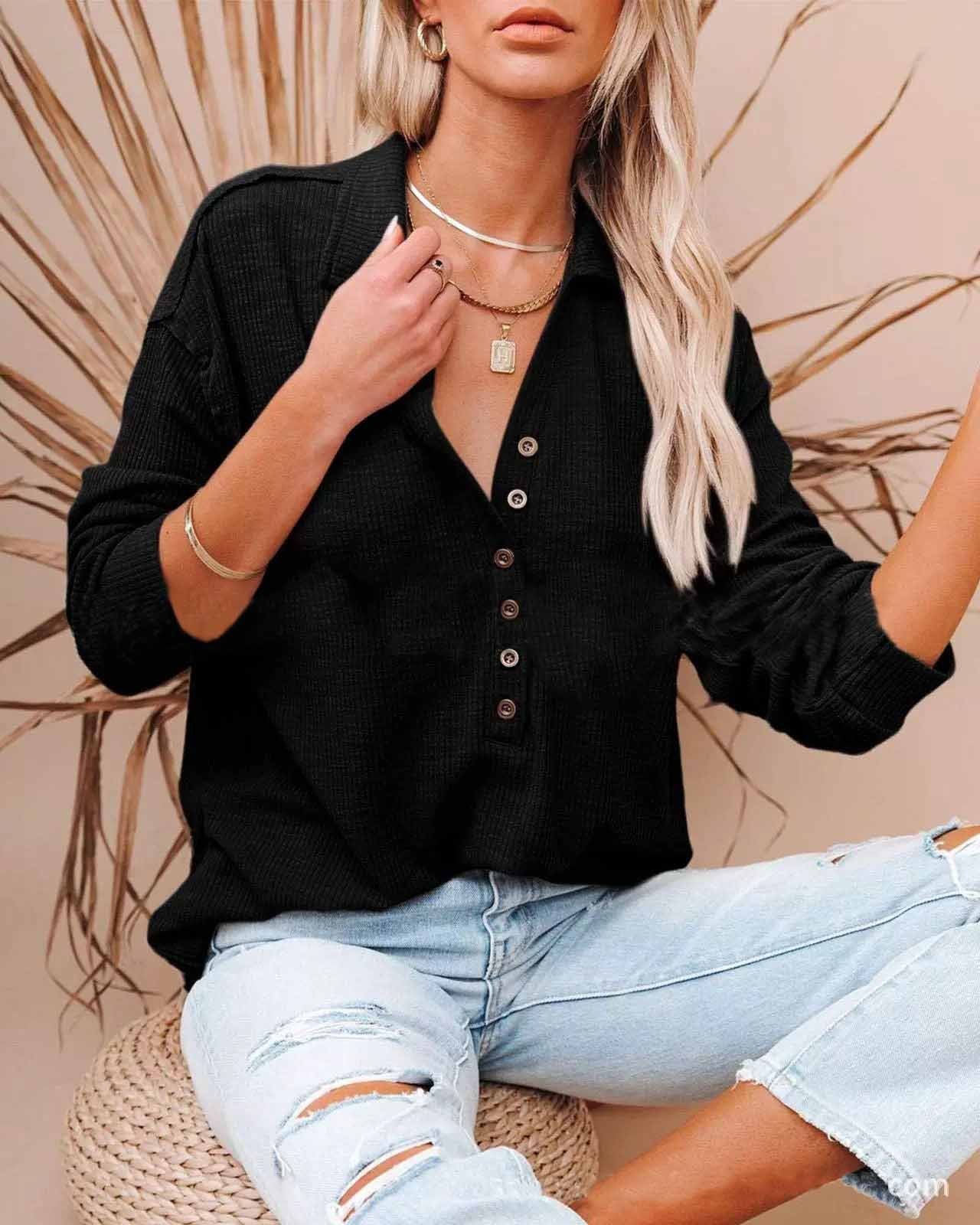 BUTTON DOWN LONG SLEEVE TOP(9 COLORS)