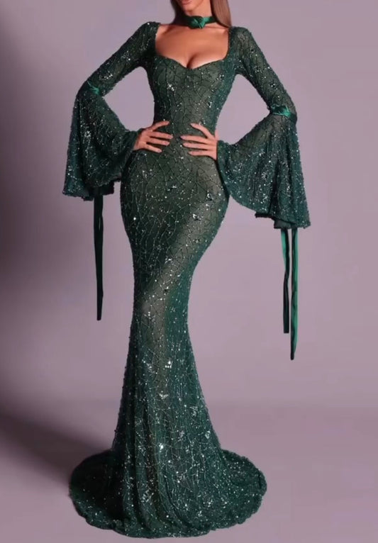 Mesh Silver Square Sexy off-the-Shoulder Horn Long Sleeve Dress