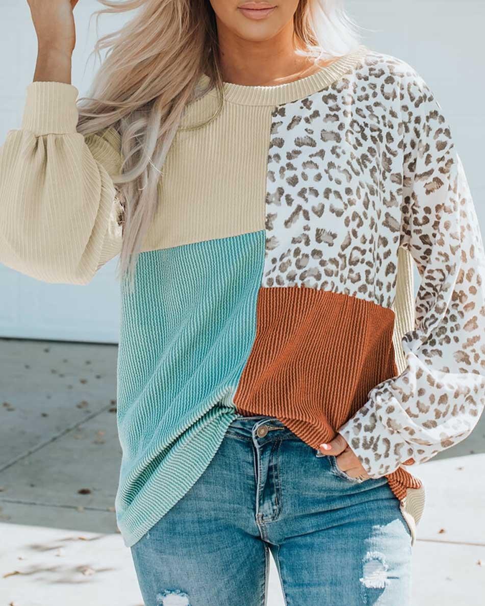 COLOR BLOCK LEOPARD PRINT SWEATER TOP