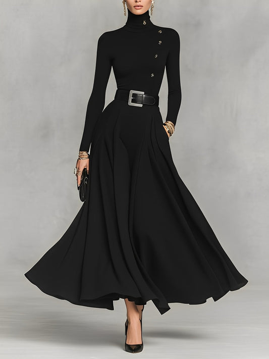 Women's Black Knit Elegant High Neck Button Detail Maxi Dress