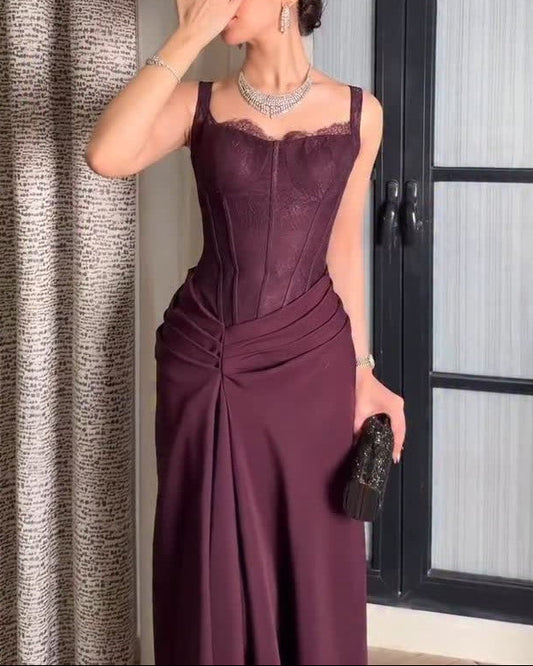 Sexy Strap Lace Slim-Fitting Patchwork Solid Color Maxi Dress