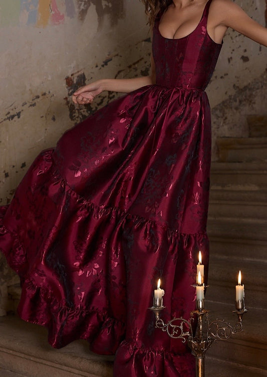 Tube Top Printed Satin Flower Fairy Light Luxury Design Burgundy Evening Maxi Dress