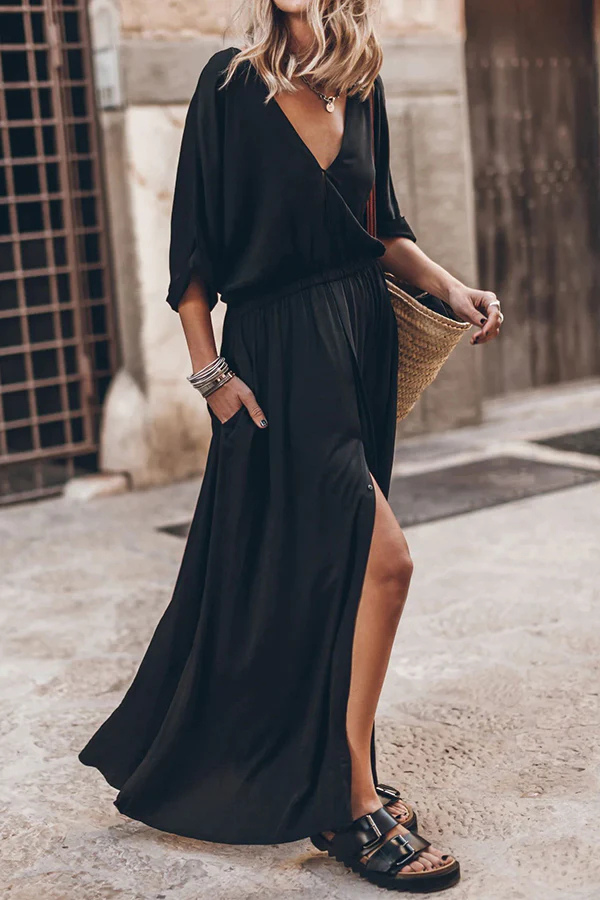 Soft and Elegant Kimono Sleeve Stretchy Waist Pocketed Slit Maxi Dress