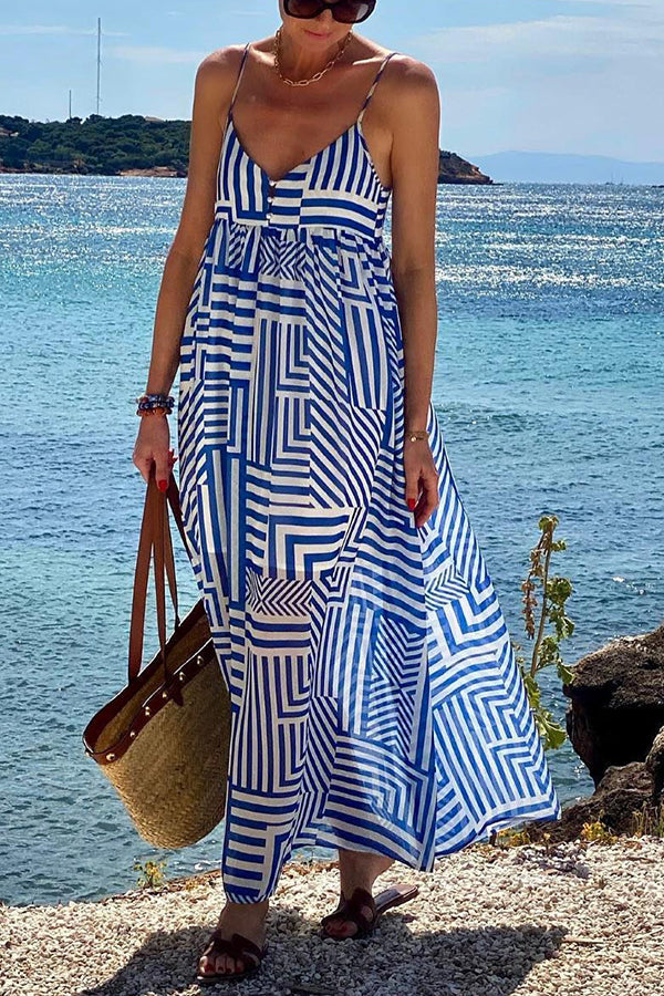 ® Sunday Blues Irregular Lines Print Suspender Vacation Loose Maxi Dress