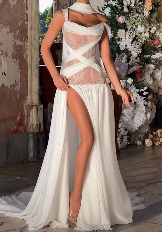 Sexy Irregular Spaghetti-Strap Lace Maxi Dress