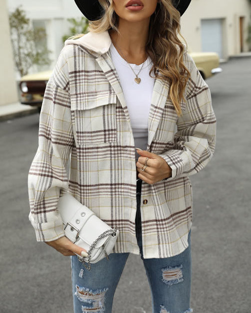 HOODED POCKET PLAID SHIRT