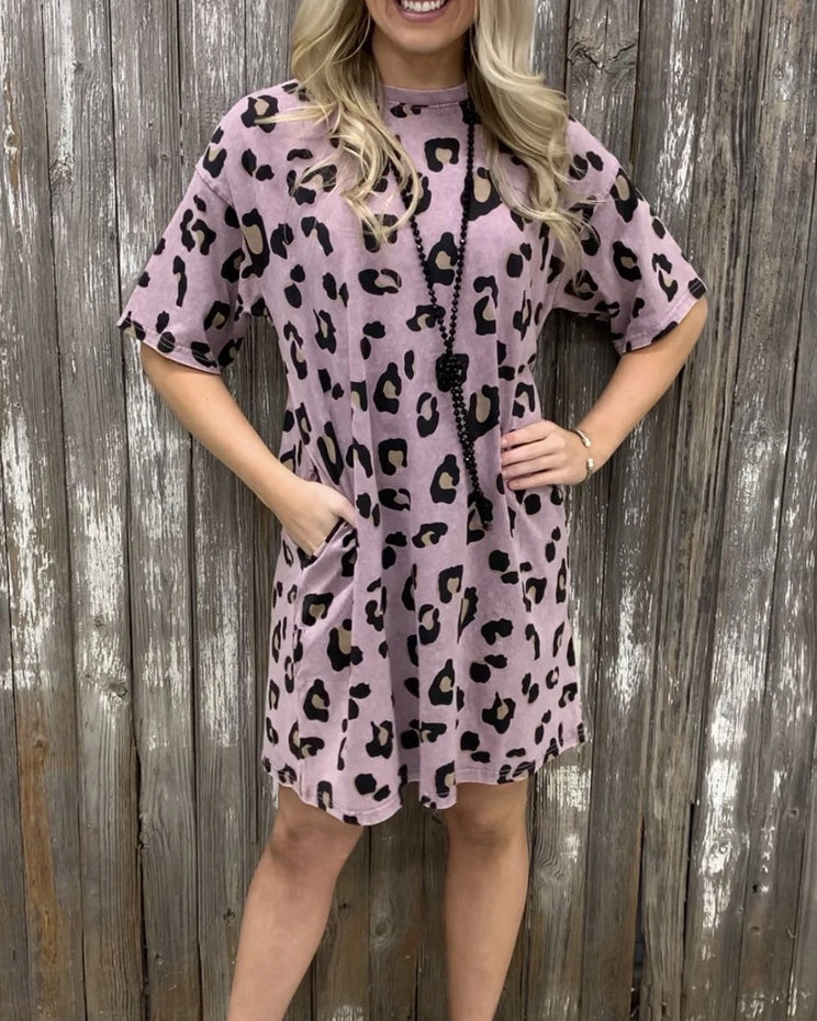 LEOPARD PRINT ROUND NECK DRESS