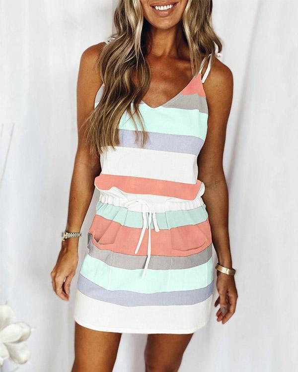 DRAWSTRING SUSPENDER STRIPES DRESS (4 COLORS)