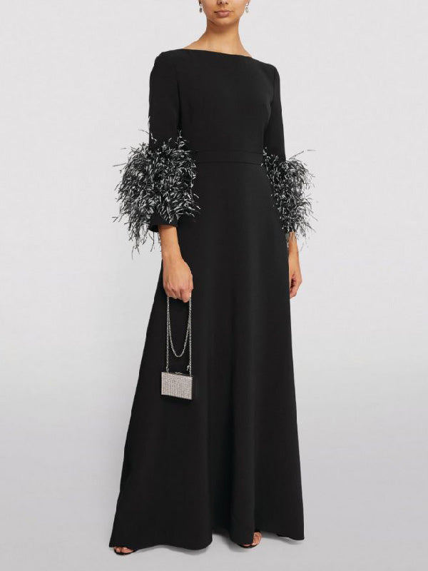 Elegant Simple Black And White Feather Long Sleeve Party Dress