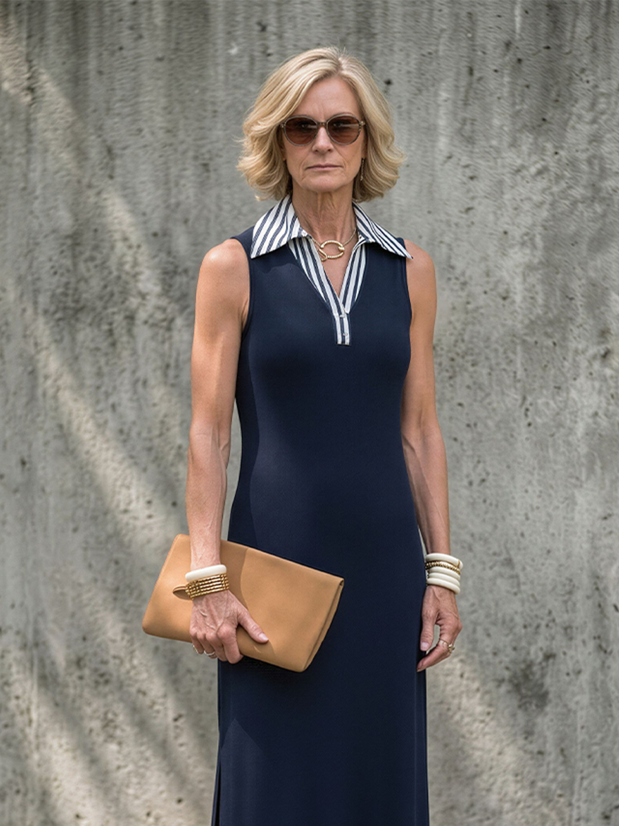 Women's Dark Blue Sleeveless Polo Dress With Contrast Collar, Modern Minimalist Everyday Midi Dress