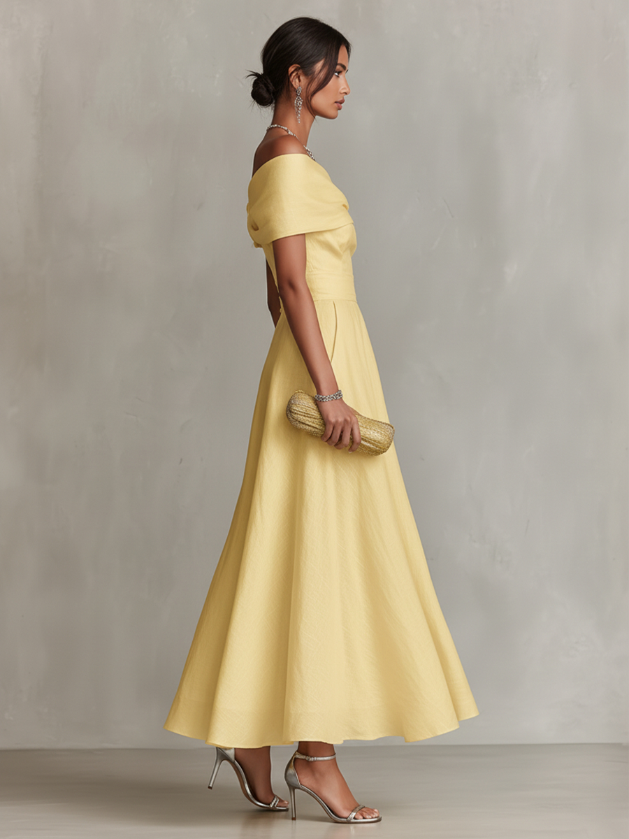 Women's Yellow Linen Dress With One-Shoulder Neckline & Fitted Waist, Timeless Elegant-Chic Style Dress