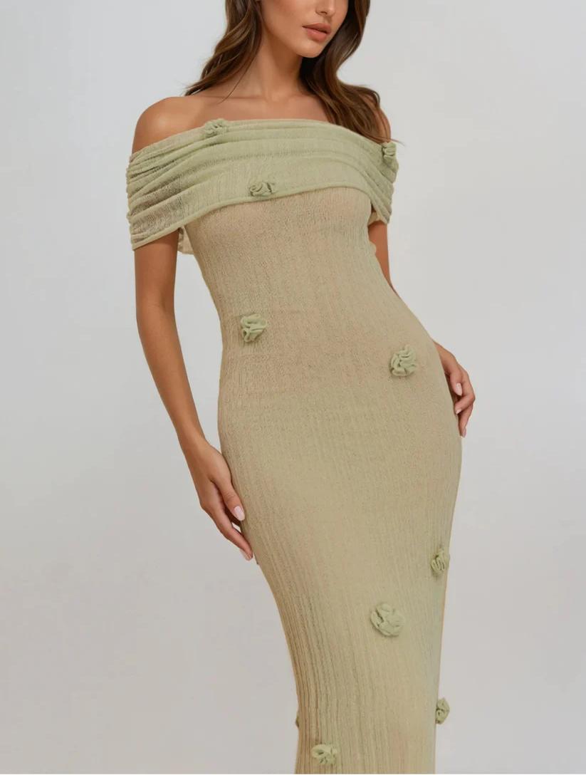 Sexy off-the-Shoulder Flowers Hip Knitwear Hollow Dress
