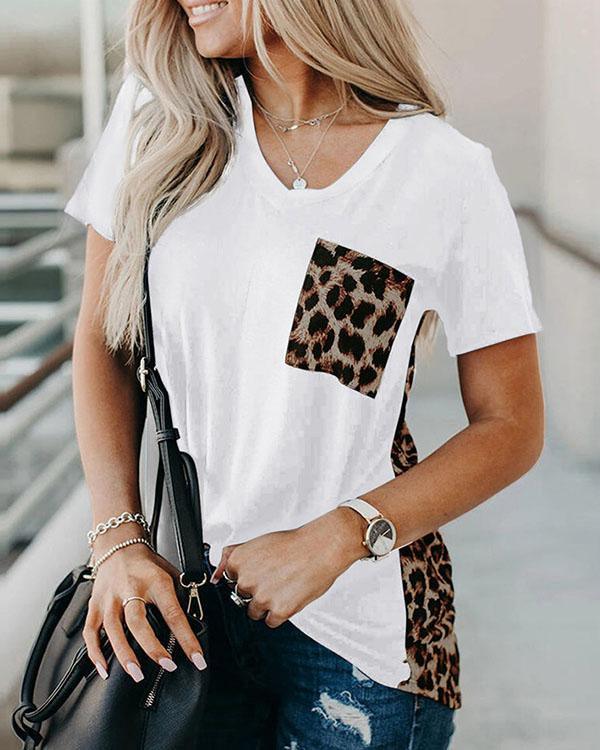 V-NECK LEOPARD PANEL TEE(4 COLORS)