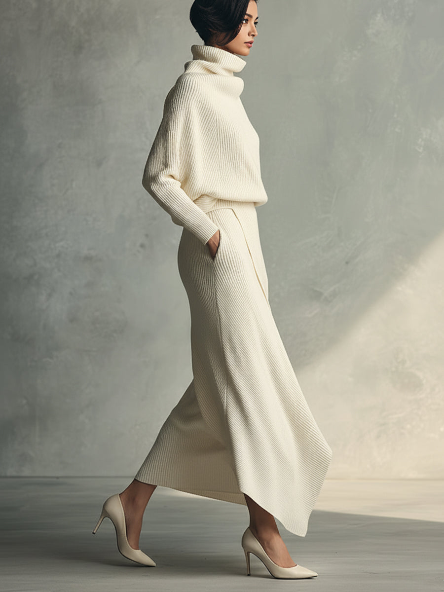 Women's Cream Elegant Rib - Knit Cowl Neck Wrap Skirt Set