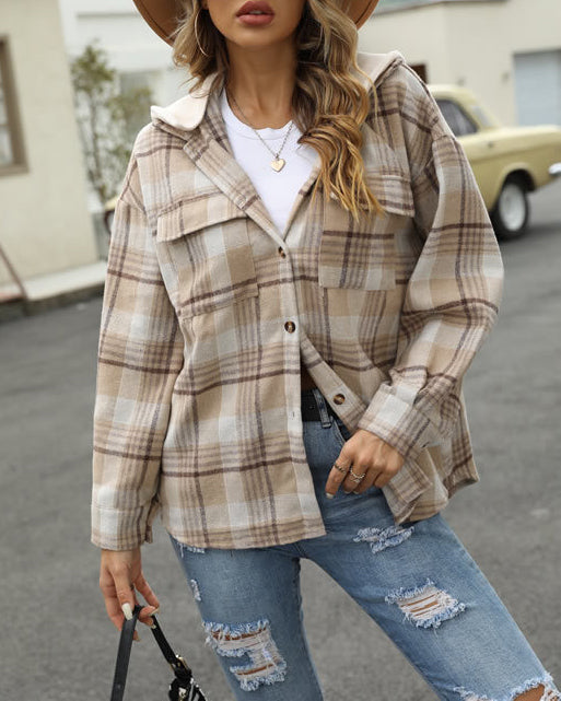 HOODED POCKET PLAID SHIRT