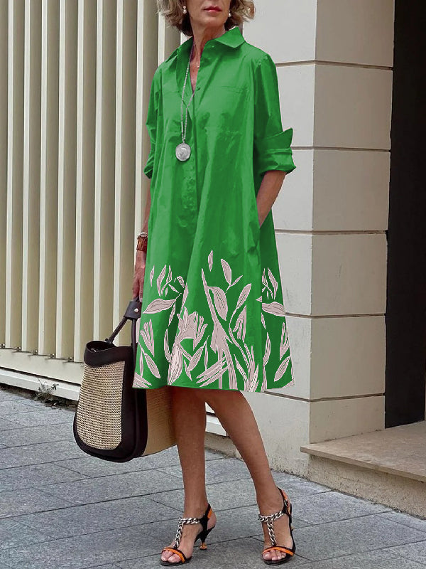 Long Sleeves Leaves Print Lapel Midi Dresses