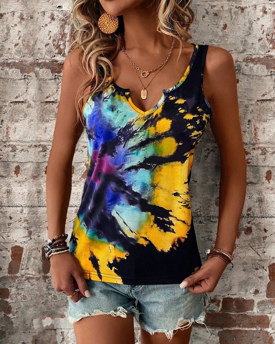 COLOR PRINT V NECK TOP